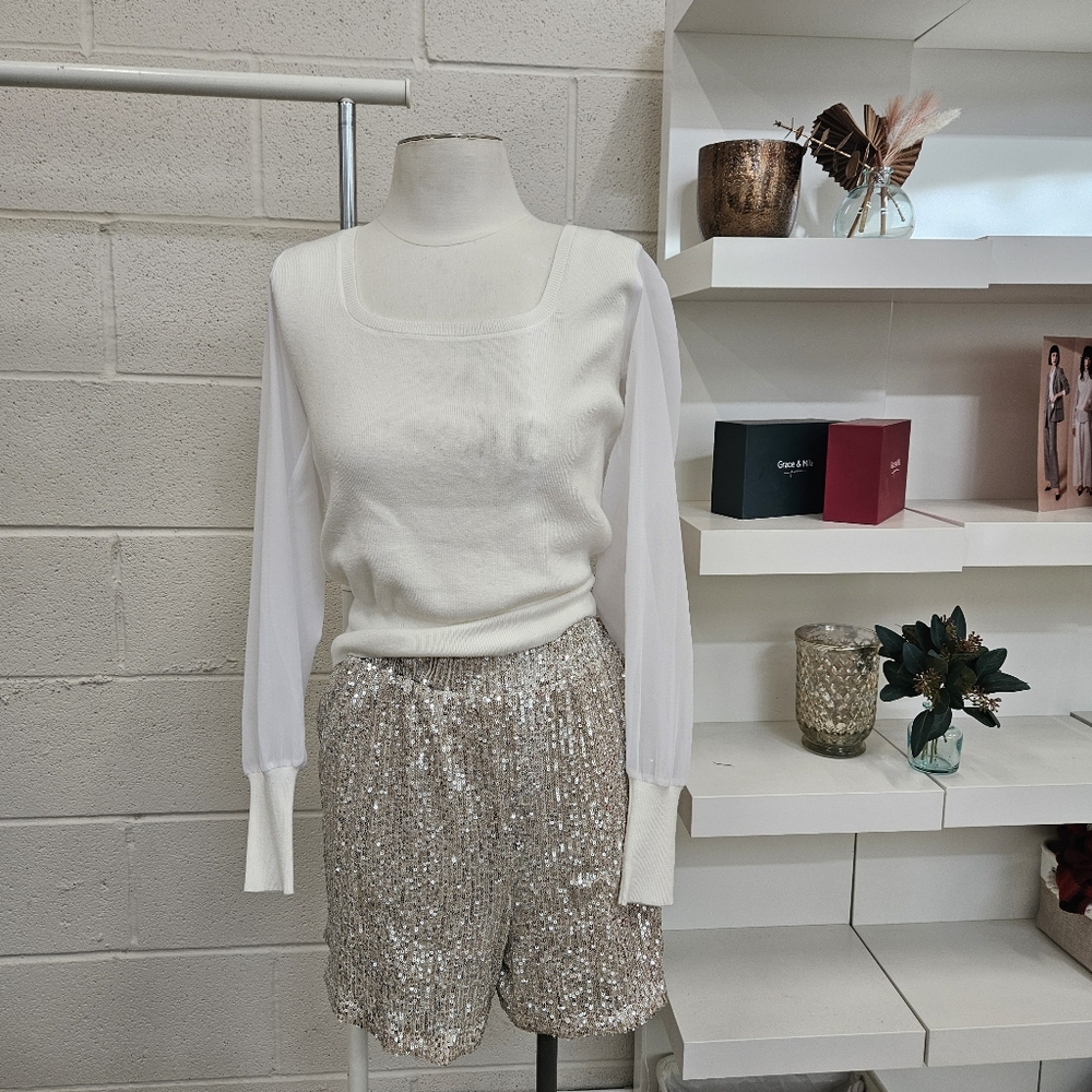 Sheer Sleeve Square Neck Sweater